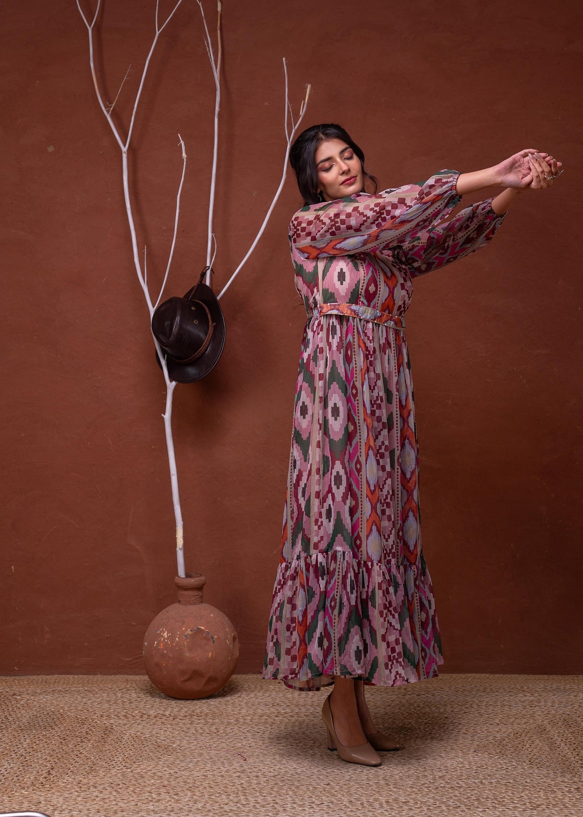 Juniper Floral Printed Pink Dress With Sheer Sleeves & Beaded Waist Detailing | Grocsy