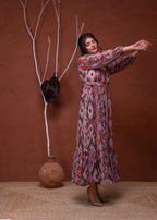 Juniper Floral Multi Printed Dress With Sheer Sleeves & Beaded Waist Detailing | Grocsy