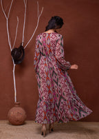 Juniper Floral Printed Pink Dress With Sheer Sleeves & Beaded Waist Detailing | Grocsy