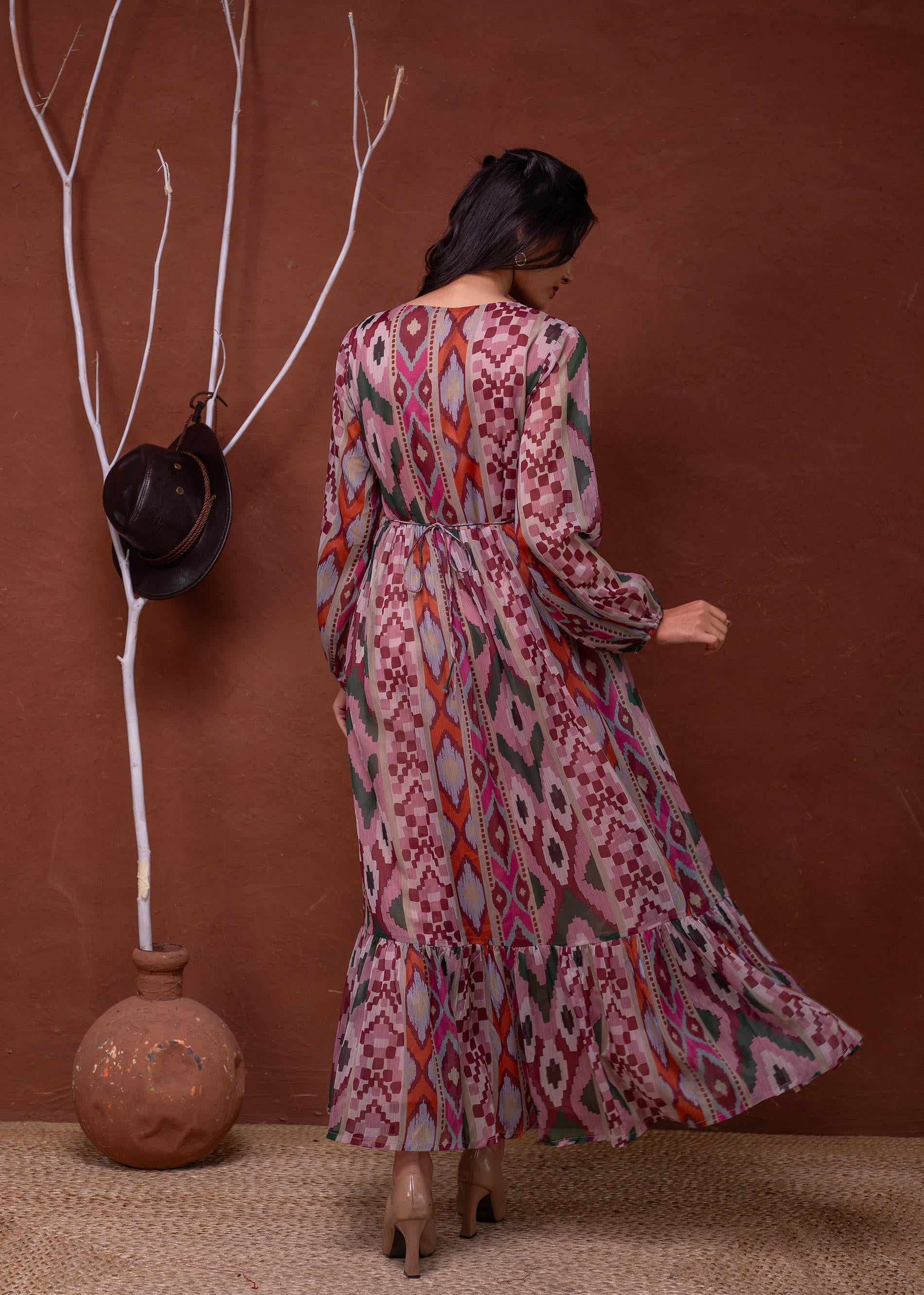 Juniper Floral Printed Pink Dress With Sheer Sleeves & Beaded Waist Detailing | Grocsy