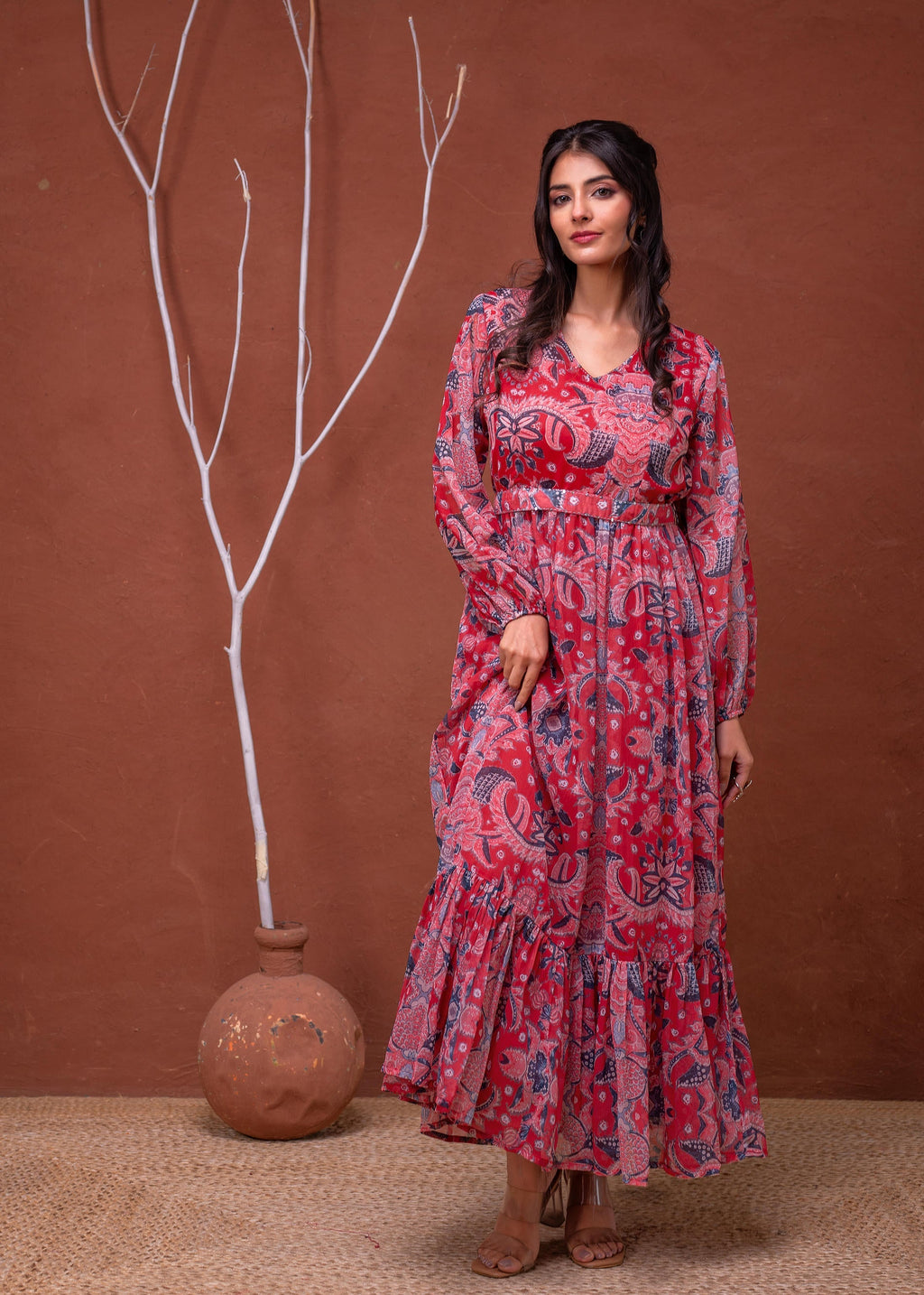 Juniper Floral Printed Red Dress With Sheer Sleeves & Beaded Waist Detailing | Grocsy