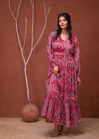Juniper Floral Red Printed Dress With Sheer Sleeves & Beaded Waist Detailing | Grocsy