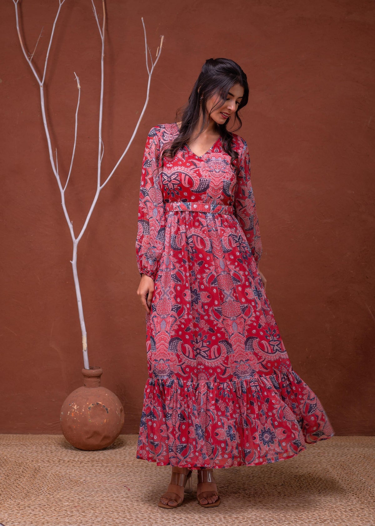 Juniper Floral Red Printed Dress With Sheer Sleeves & Beaded Waist Detailing | Grocsy