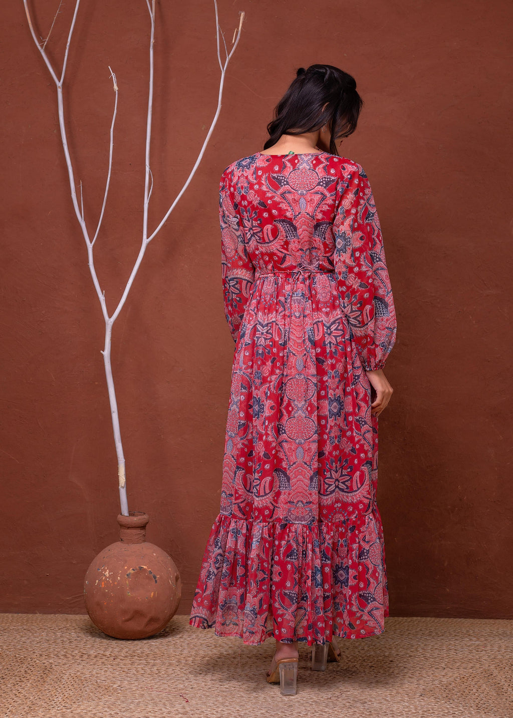 Juniper Floral Printed Red Dress With Sheer Sleeves & Beaded Waist Detailing | Grocsy