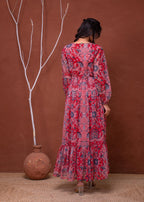 Juniper Floral Red Printed Dress With Sheer Sleeves & Beaded Waist Detailing | Grocsy
