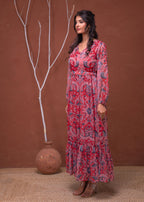 Juniper Floral Printed Red Dress With Sheer Sleeves & Beaded Waist Detailing | Grocsy