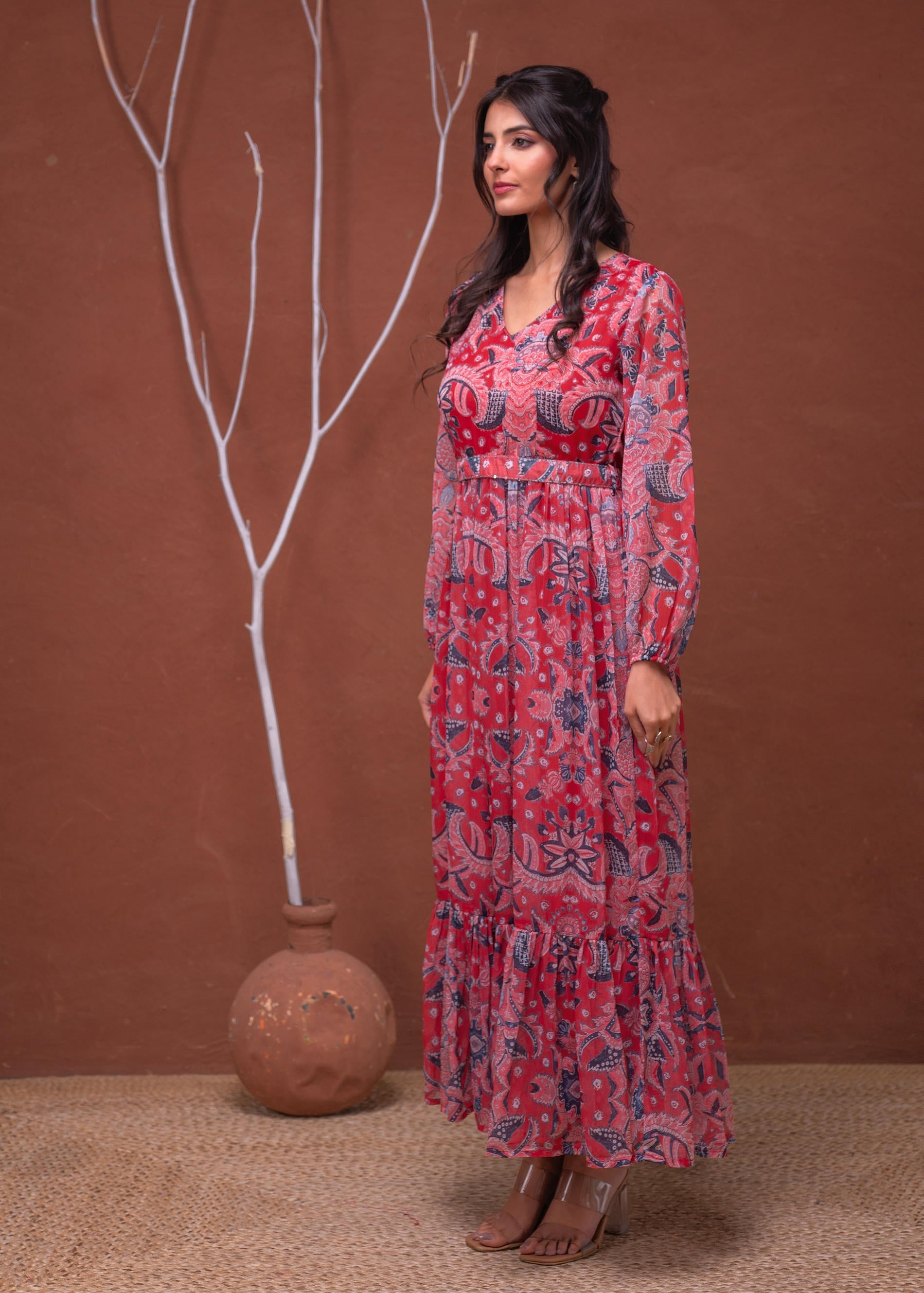 Juniper Floral Printed Red Dress With Sheer Sleeves & Beaded Waist Detailing | Grocsy