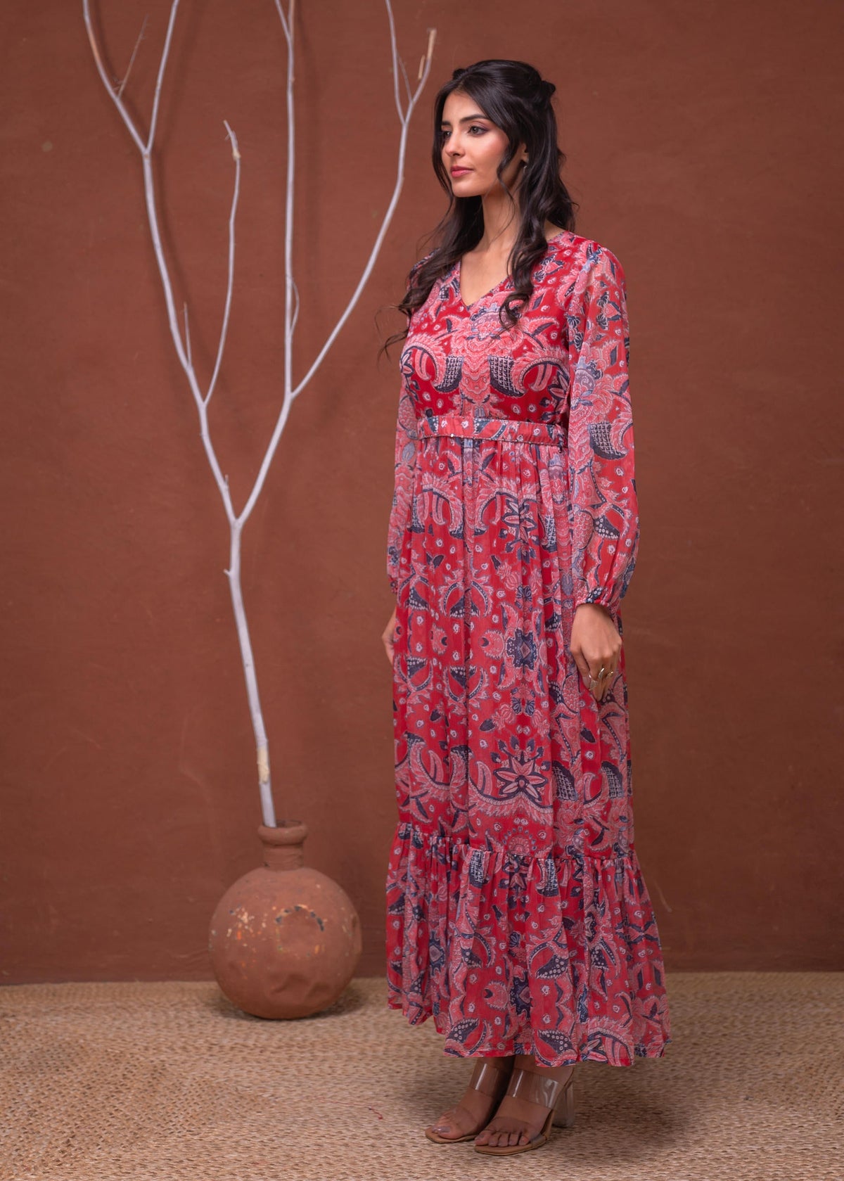 Juniper Floral Red Printed Dress With Sheer Sleeves & Beaded Waist Detailing | Grocsy
