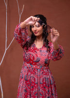 Juniper Floral Printed Red Dress With Sheer Sleeves & Beaded Waist Detailing | Grocsy