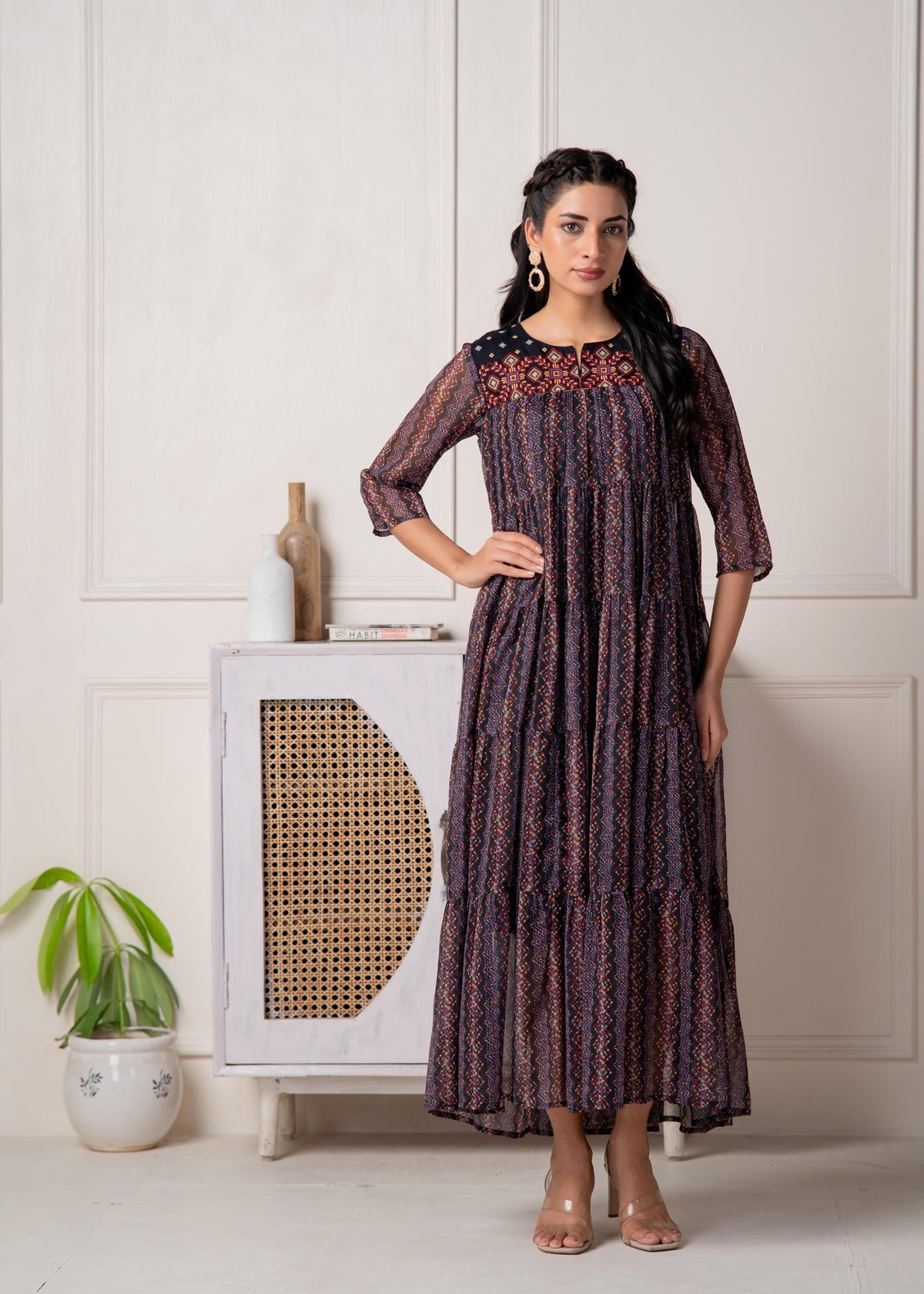 Juniper Blue Printed Tiered Dress With Detailed Yoke | Grocsy