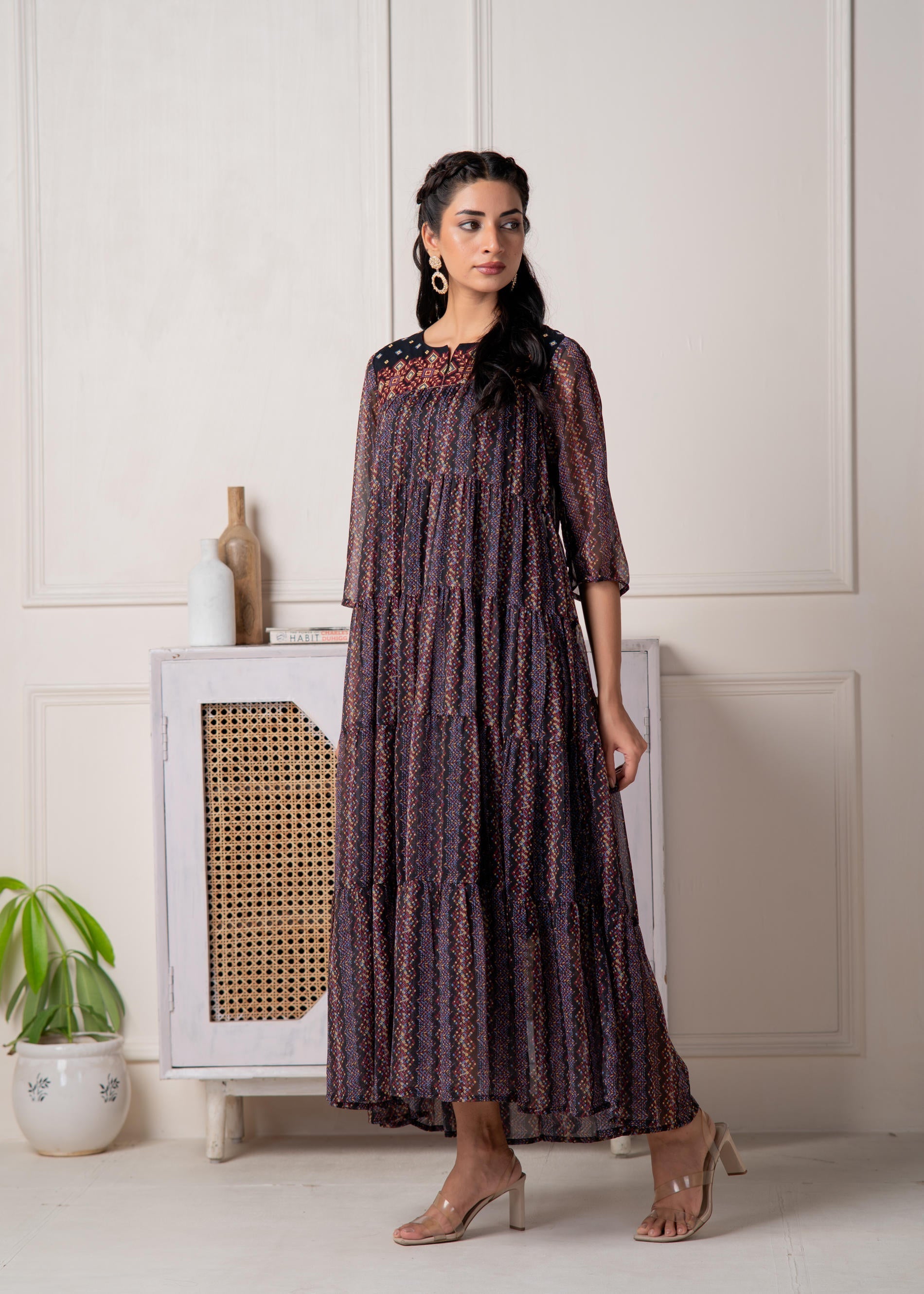 Juniper Blue Printed Tiered Dress With Detailed Yoke | Grocsy