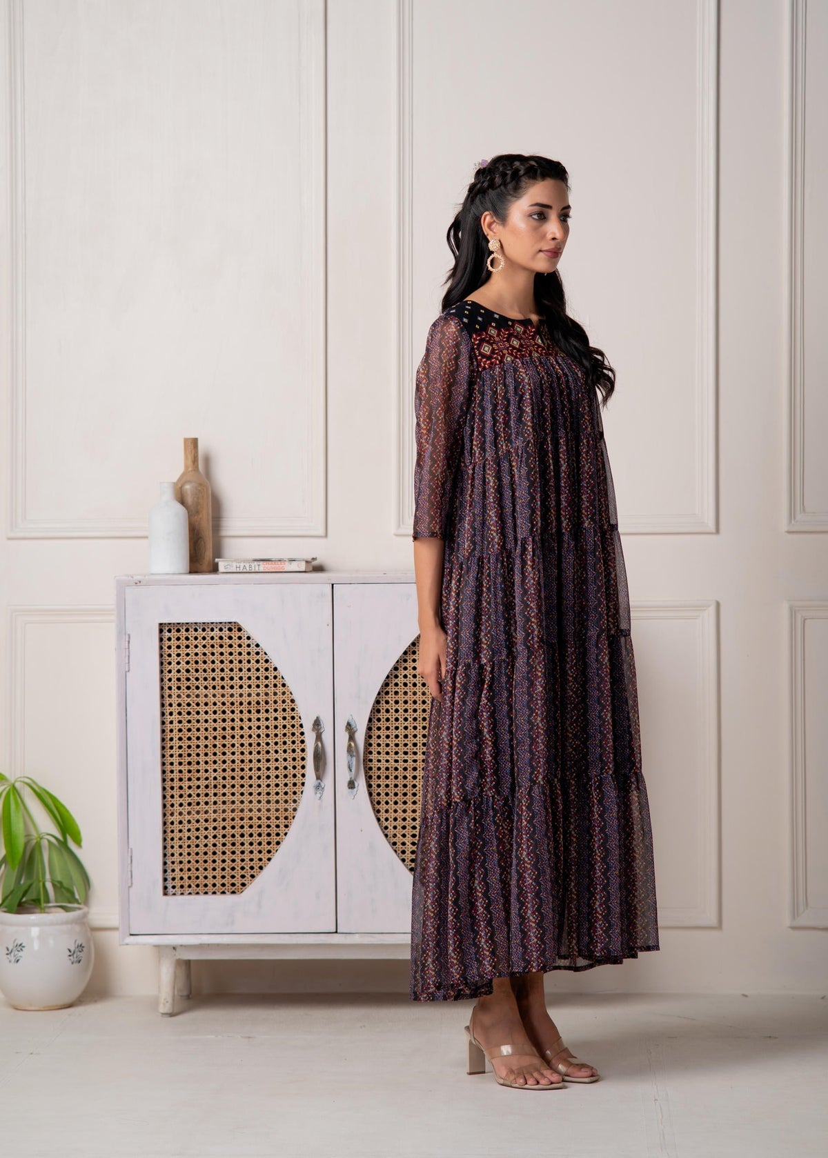 Juniper Blue Printed Tiered Dress With Detailed Yoke | Grocsy