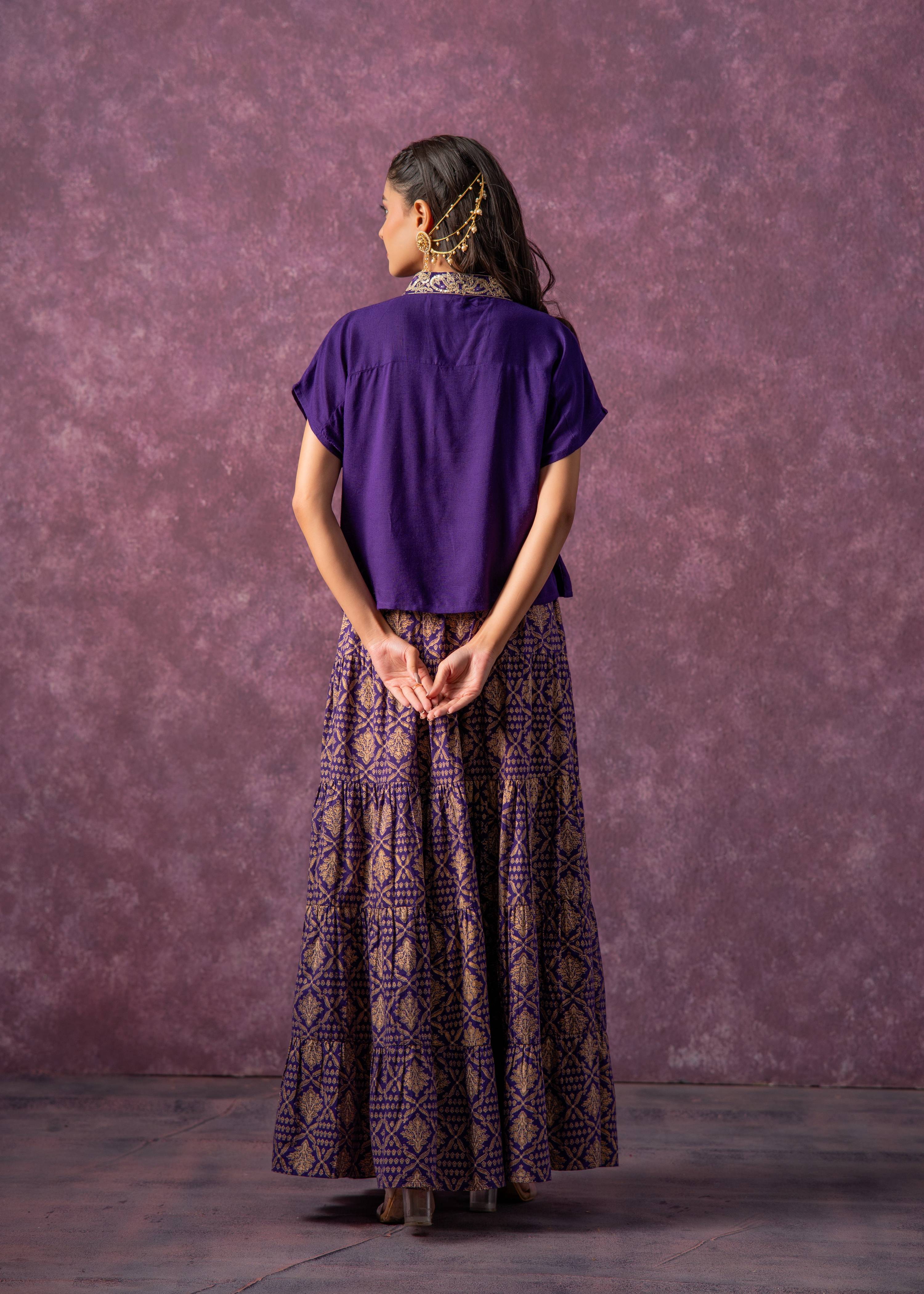 Juniper Purple Viscose Solid Top With Skirt Co-Ord Set With Mirror & Sequence Work | Grocsy