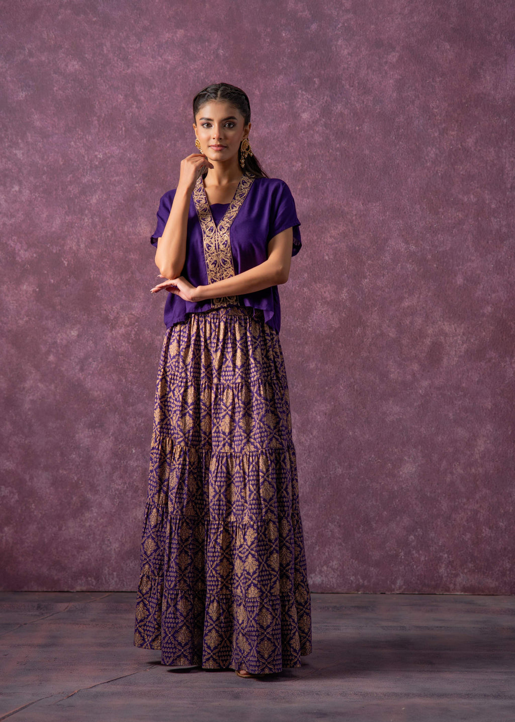 Juniper Purple Viscose Solid Top With Skirt Co-Ord Set With Mirror & Sequence Work | Grocsy
