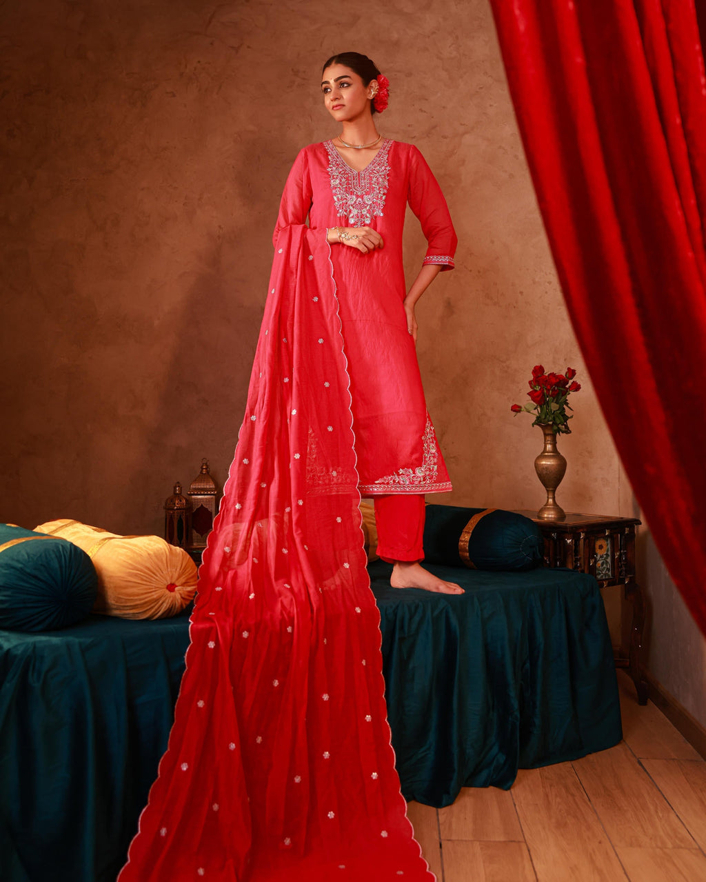 Juniper Fuchsia Viscose Straight Kurta With Pants & Dupatta Set With Thread & Zari Work | Grocsy