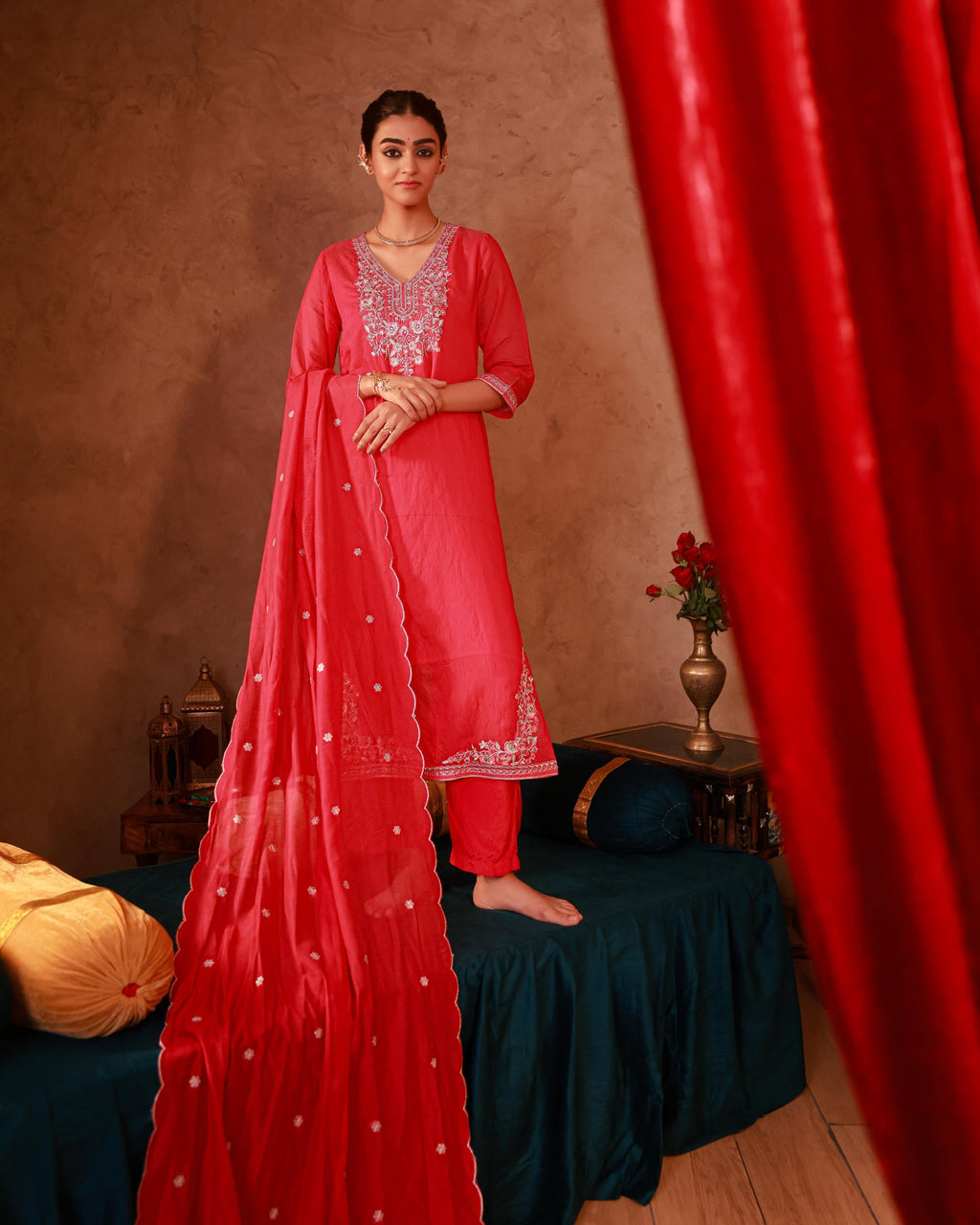 Juniper Fuchsia Viscose Straight Kurta With Pants & Dupatta Set With Thread & Zari Work | Grocsy