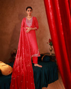 Juniper Fuchsia Viscose Straight Kurta With Pants & Dupatta Set With Thread & Zari Work | Grocsy