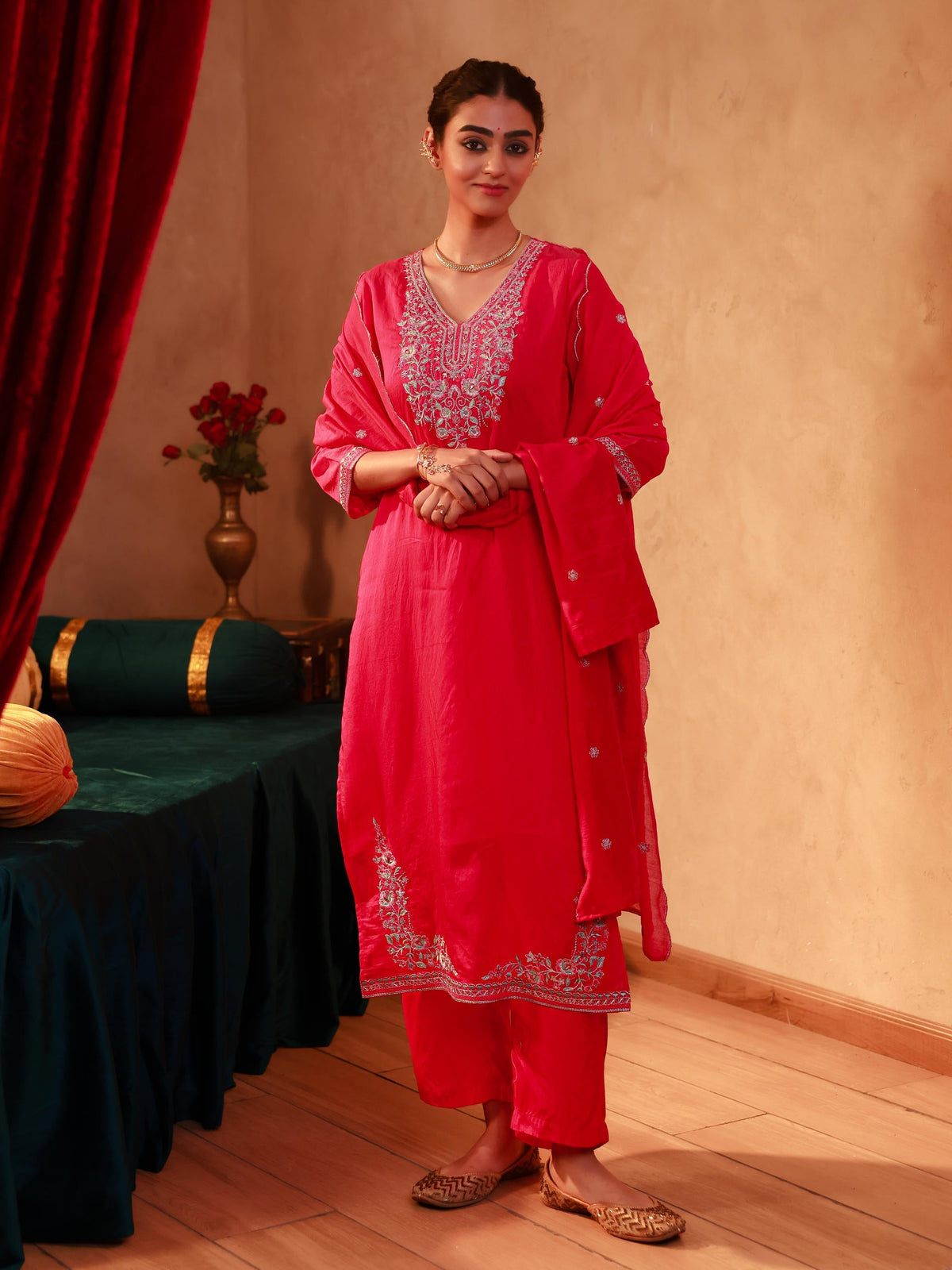 Juniper Fuchsia Viscose Straight Kurta With Pants & Dupatta Set With Thread & Zari Work | Grocsy