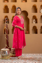 Juniper Fuchsia Viscose Straight Kurta With Pants & Dupatta Set With Thread & Zari Work | Grocsy
