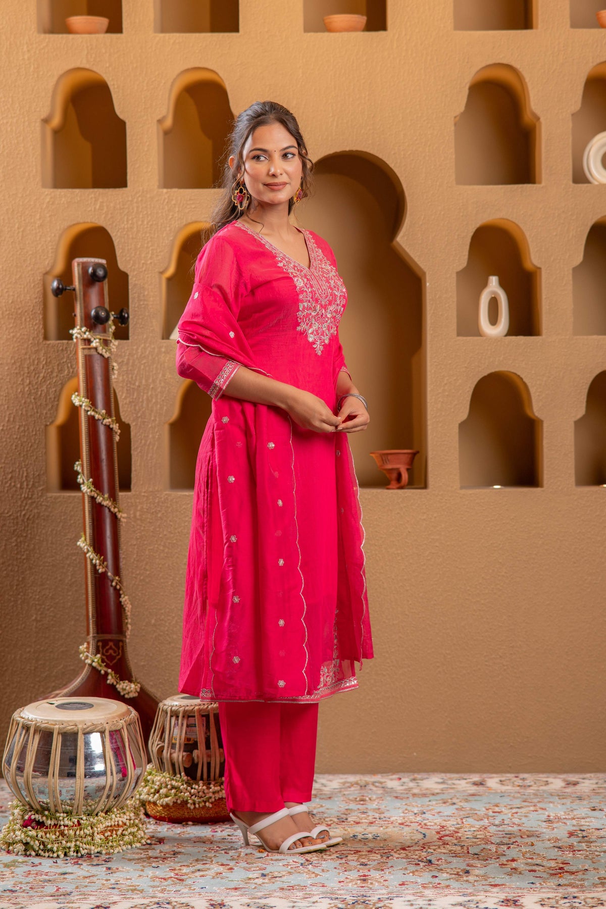Juniper Fuchsia Viscose Straight Kurta With Pants & Dupatta Set With Thread & Zari Work | Grocsy