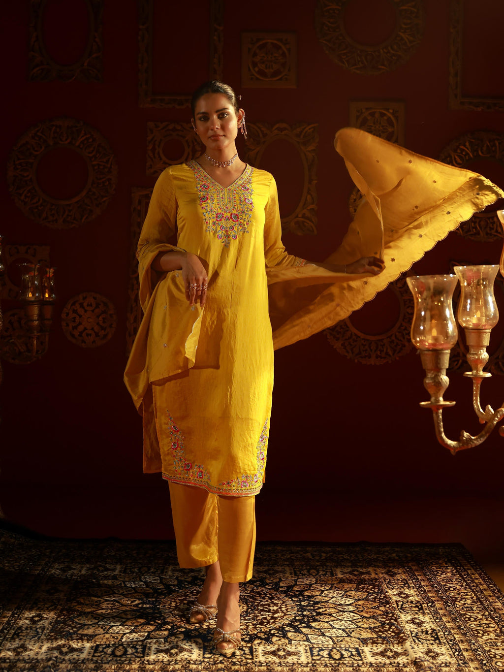 Juniper Mustard Viscose Kurta With Pants & Dupatta Set With Thread & Zari Work | Grocsy