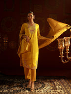 Juniper Mustard Viscose Kurta With Pants & Dupatta Set With Thread & Zari Work | Grocsy