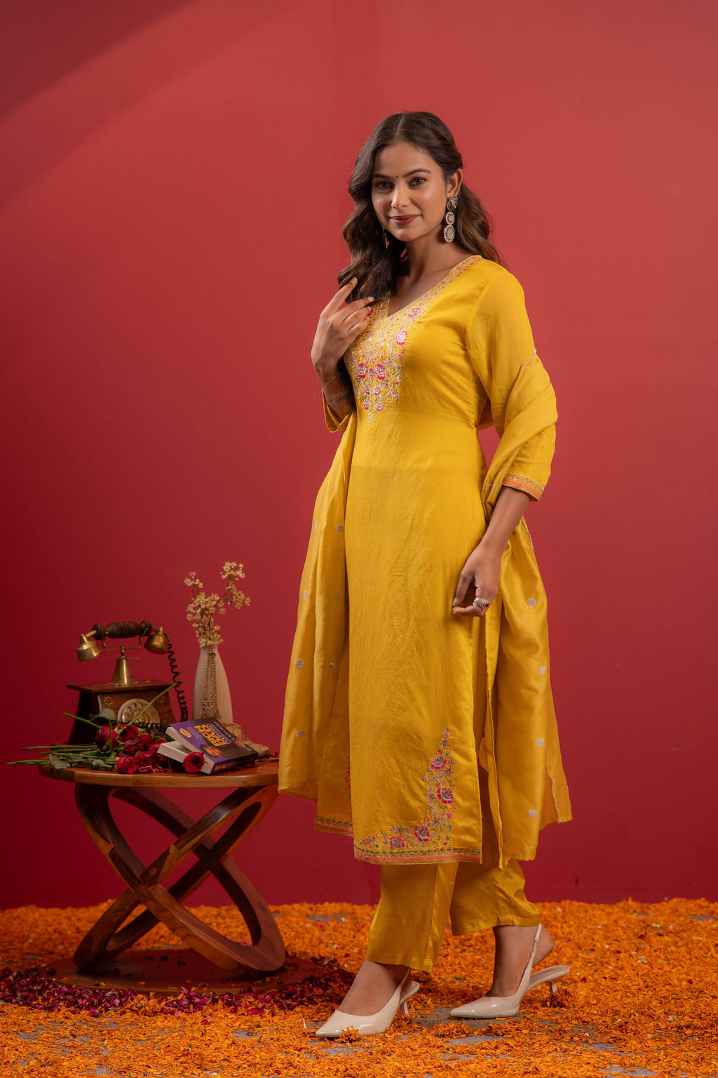 Juniper Mustard Viscose Kurta With Pants & Dupatta Set With Thread & Zari Work | Grocsy