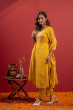 Juniper Mustard Viscose Kurta With Pants & Dupatta Set With Thread & Zari Work | Grocsy