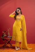 Juniper Mustard Viscose Kurta With Pants & Dupatta Set With Thread & Zari Work | Grocsy