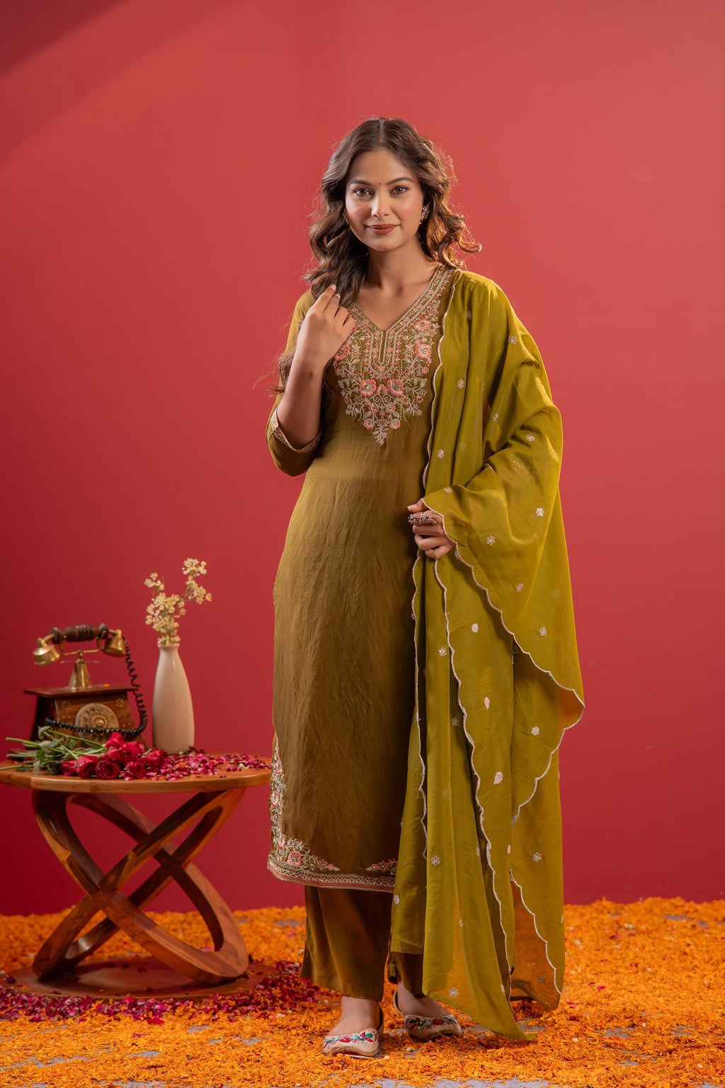 Juniper Festive Olive Green Floral Embroidered Kurta Set With Dupatta | Grocsy