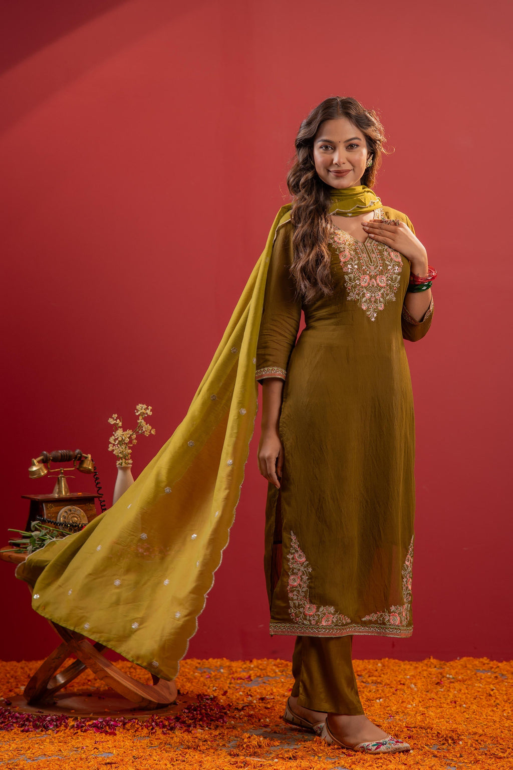 Juniper Festive Olive Green Floral Embroidered Kurta Set With Dupatta | Grocsy