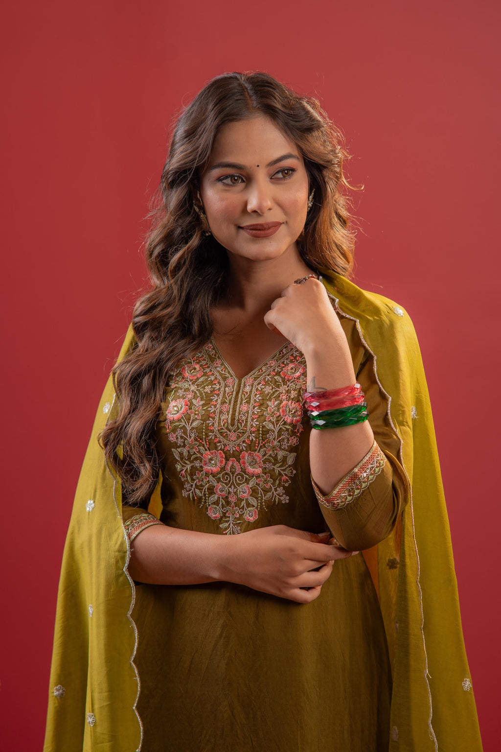 Juniper Festive Olive Green Floral Embroidered Kurta Set With Dupatta | Grocsy