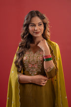 Juniper Festive Olive Green Floral Embroidered Kurta Set With Dupatta | Grocsy