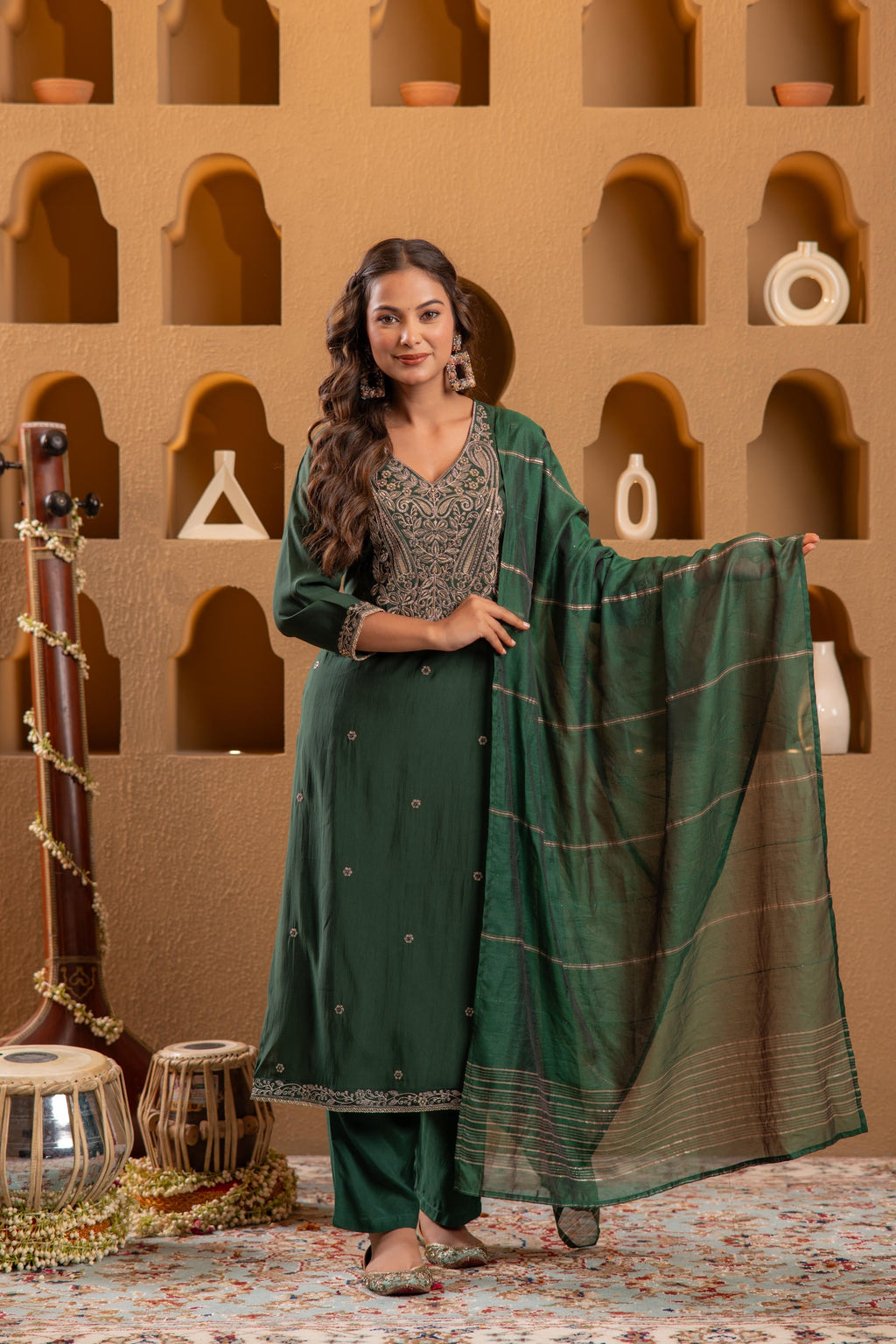 Juniper Bottle Green Viscose Straight Kurta With Pants & Dupatta Set With Zari & Sequence Work | Grocsy