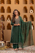Juniper Bottle Green Viscose Straight Kurta With Pants & Dupatta Set With Zari & Sequence Work | Grocsy