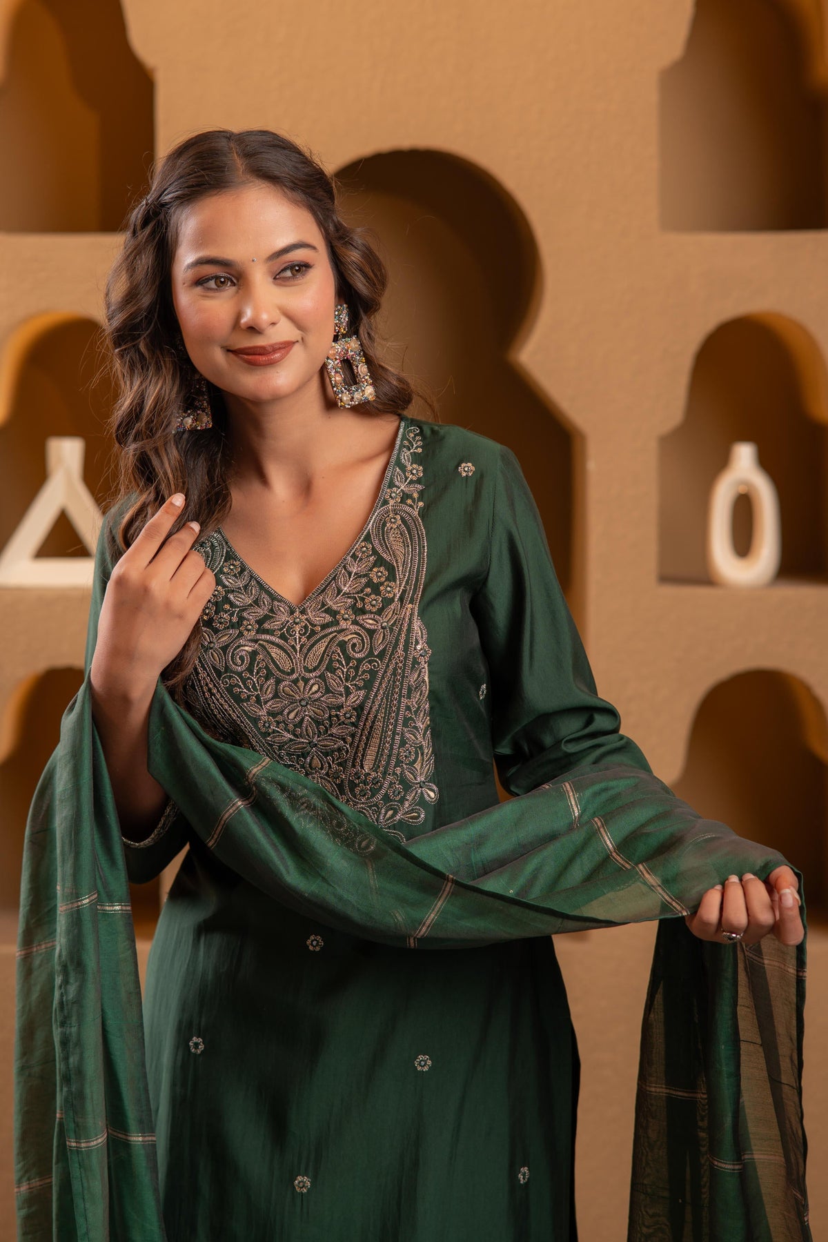 Juniper Bottle Green Viscose Straight Kurta With Pants & Dupatta Set With Zari & Sequence Work | Grocsy