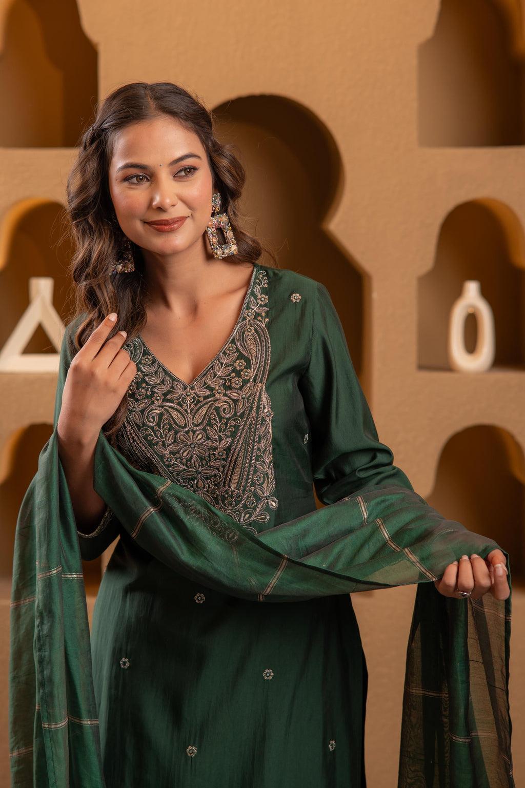 Juniper Bottle Green Viscose Straight Kurta With Pants & Dupatta Set With Zari & Sequence Work | Grocsy