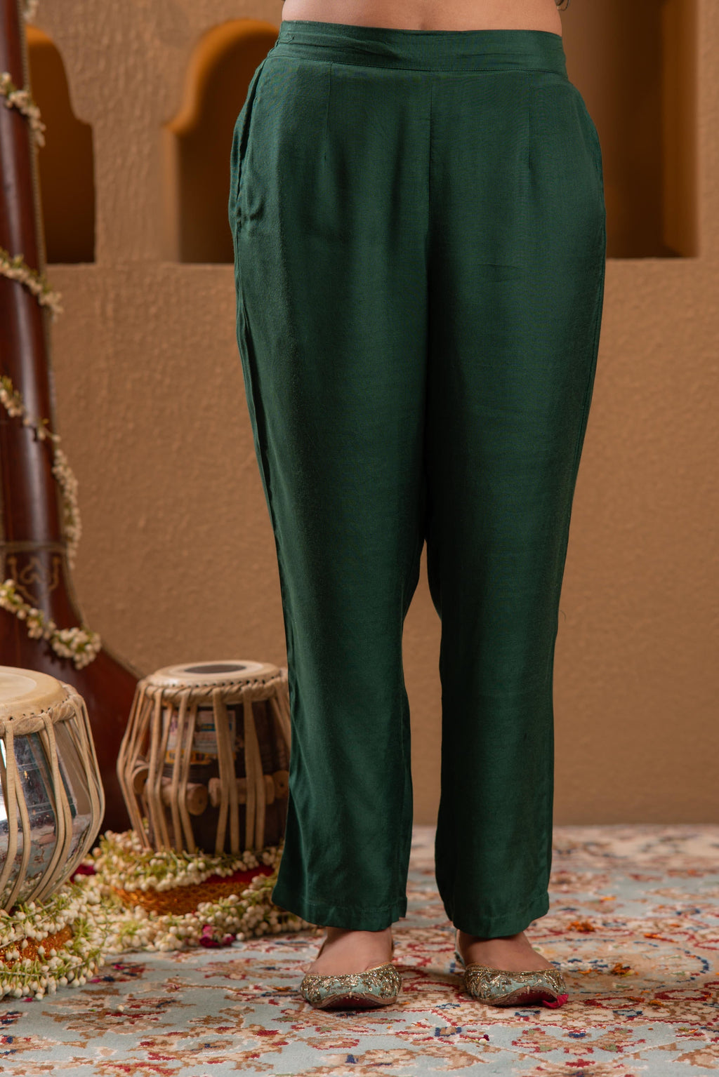 Juniper Bottle Green Viscose Straight Kurta With Pants & Dupatta Set With Zari & Sequence Work | Grocsy