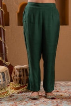 Juniper Bottle Green Viscose Straight Kurta With Pants & Dupatta Set With Zari & Sequence Work | Grocsy