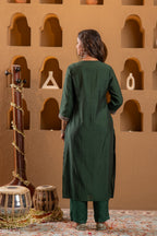 Juniper Bottle Green Viscose Straight Kurta With Pants & Dupatta Set With Zari & Sequence Work | Grocsy