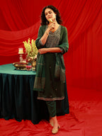 Juniper Bottle Green Viscose Straight Kurta With Pants & Dupatta Set With Zari & Sequence Work | Grocsy