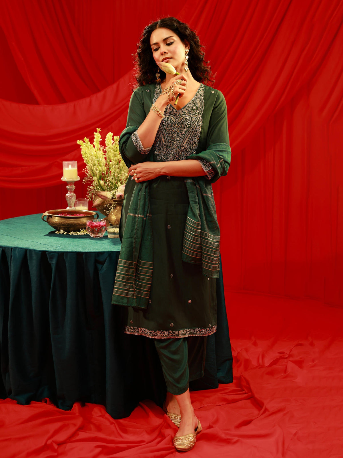 Juniper Bottle Green Viscose Straight Kurta With Pants & Dupatta Set With Zari & Sequence Work | Grocsy