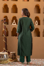Juniper Bottle Green Viscose Straight Kurta With Pants & Dupatta Set With Zari & Sequence Work | Grocsy
