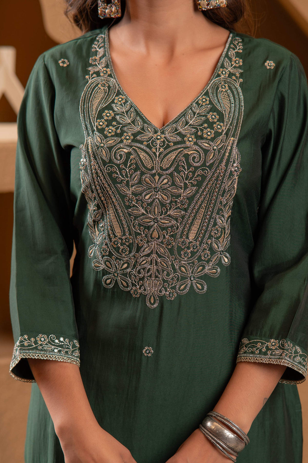 Juniper Bottle Green Viscose Straight Kurta With Pants & Dupatta Set With Zari & Sequence Work | Grocsy