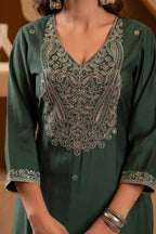 Juniper Bottle Green Viscose Straight Kurta With Pants & Dupatta Set With Zari & Sequence Work | Grocsy