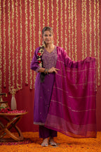 Juniper Purple Embroidered Straight Kurta With Pant & Striped Dupatta | Grocsy