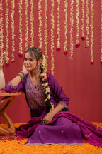 Juniper Purple Embroidered Straight Kurta With Pant & Striped Dupatta | Grocsy