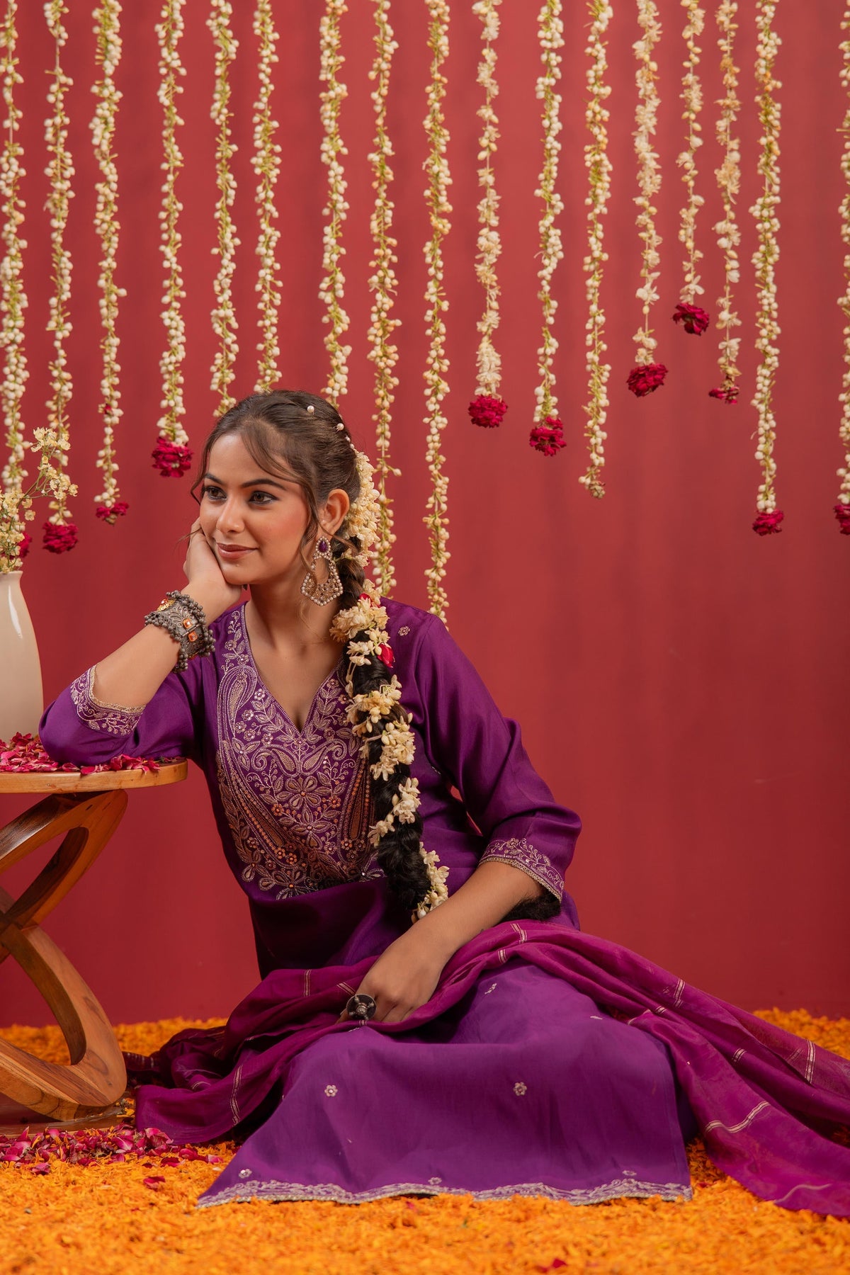Juniper Purple Embroidered Straight Kurta With Pant & Striped Dupatta | Grocsy