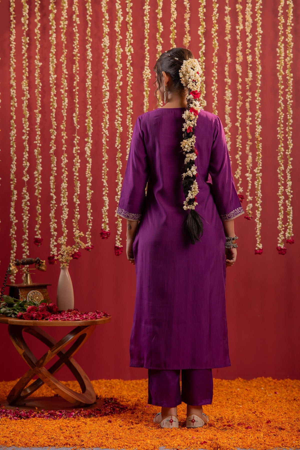 Juniper Purple Embroidered Straight Kurta With Pant & Striped Dupatta | Grocsy