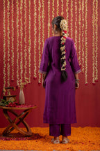 Juniper Purple Embroidered Straight Kurta With Pant & Striped Dupatta | Grocsy